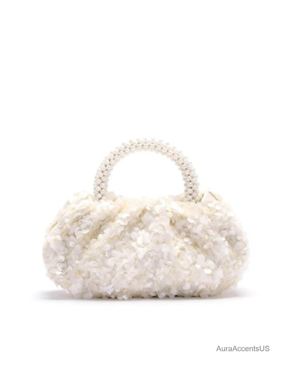 White Sequin Flower Tote Bag with Wooden Handle, Bling Straw Clutch for Wedding
